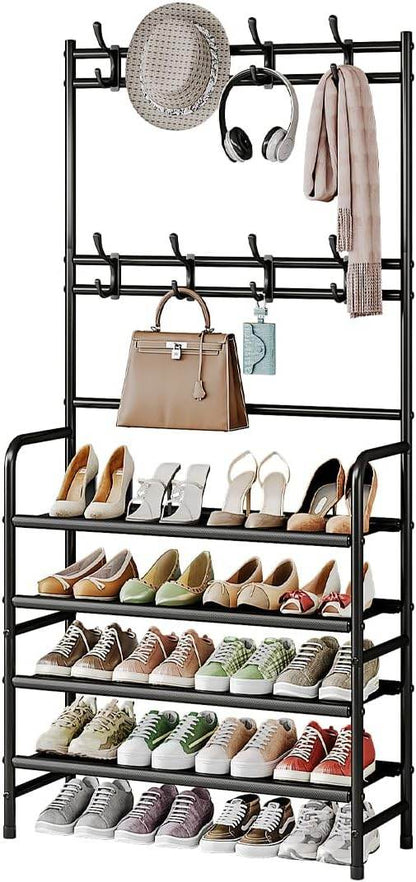 5-Tier Coat and Shoe Rack with Storage Shelf & 8 Hooks