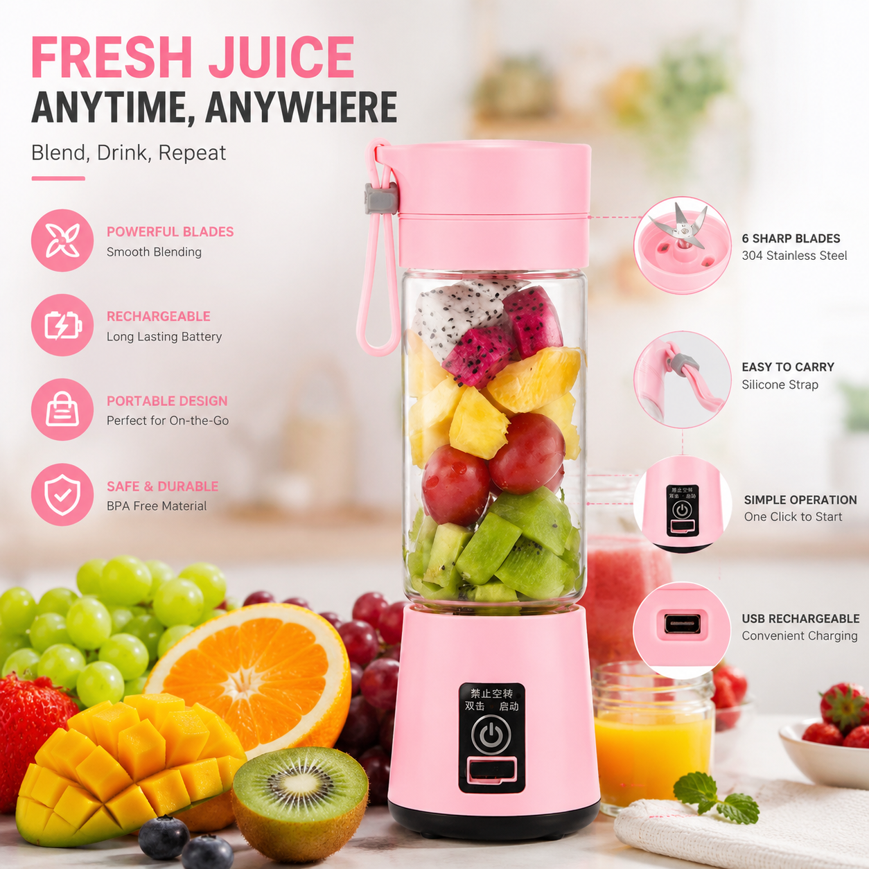 Portable USB Rechargeable Mini Juicer Blender