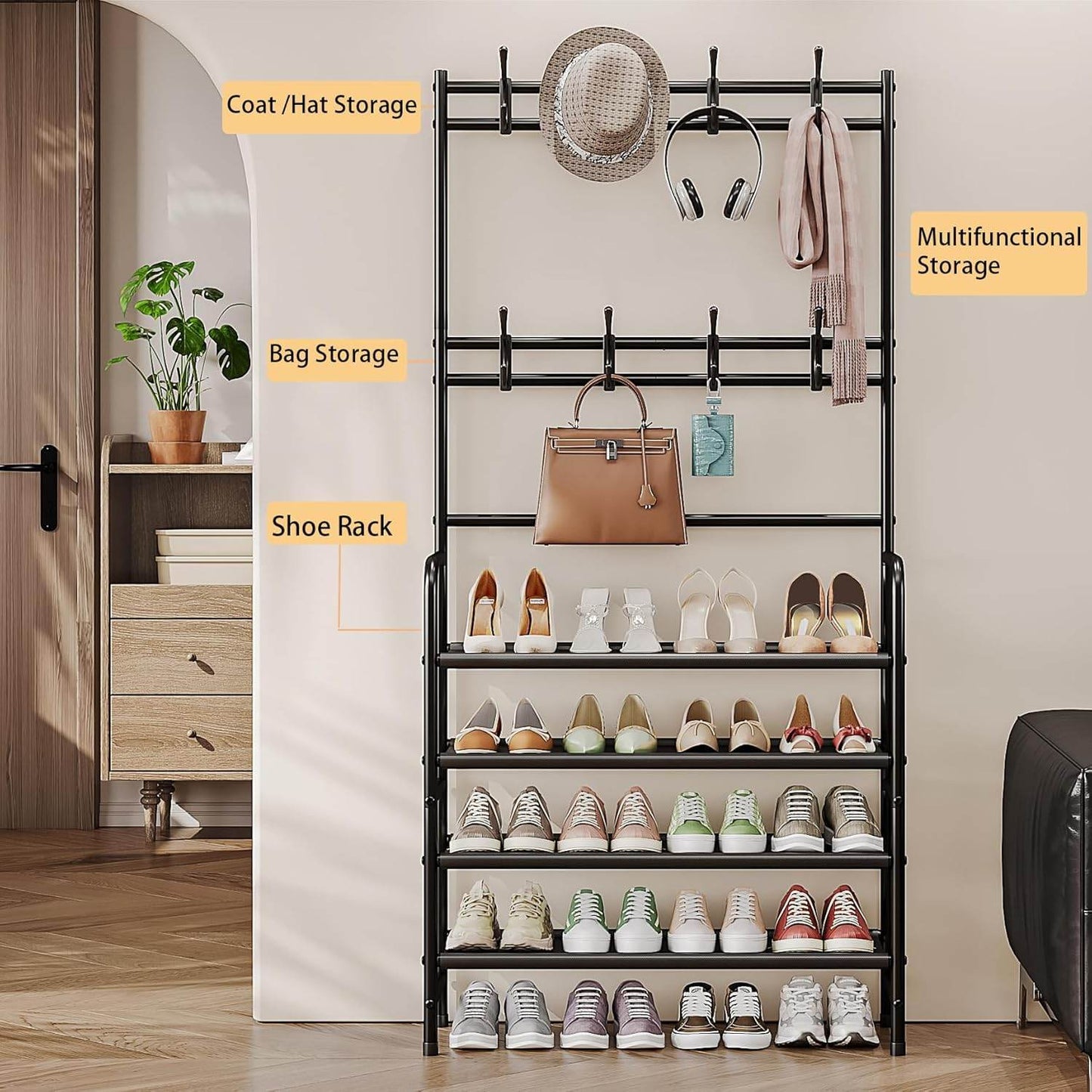 5-Tier Coat and Shoe Rack with Storage Shelf & 8 Hooks