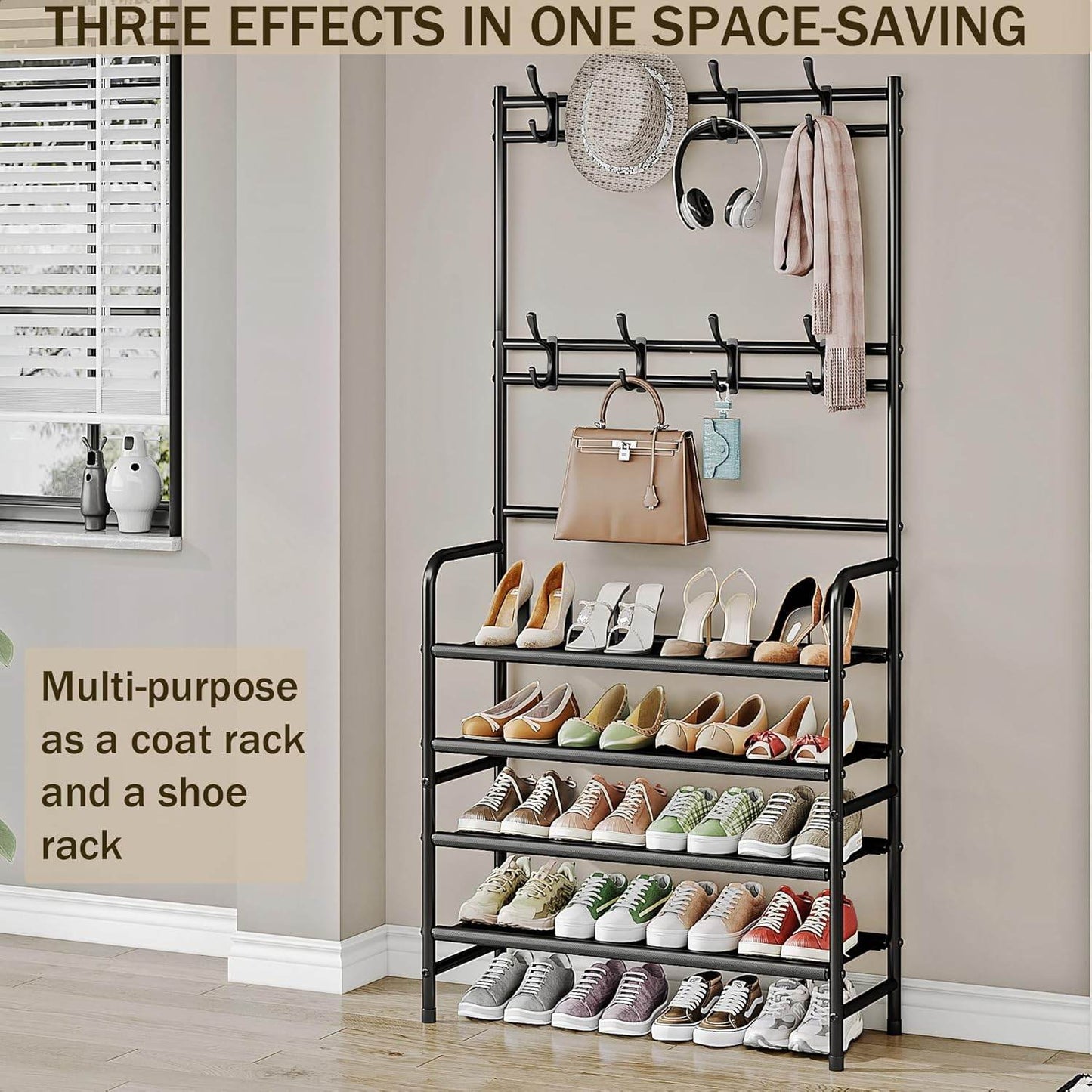 5-Tier Coat and Shoe Rack with Storage Shelf & 8 Hooks