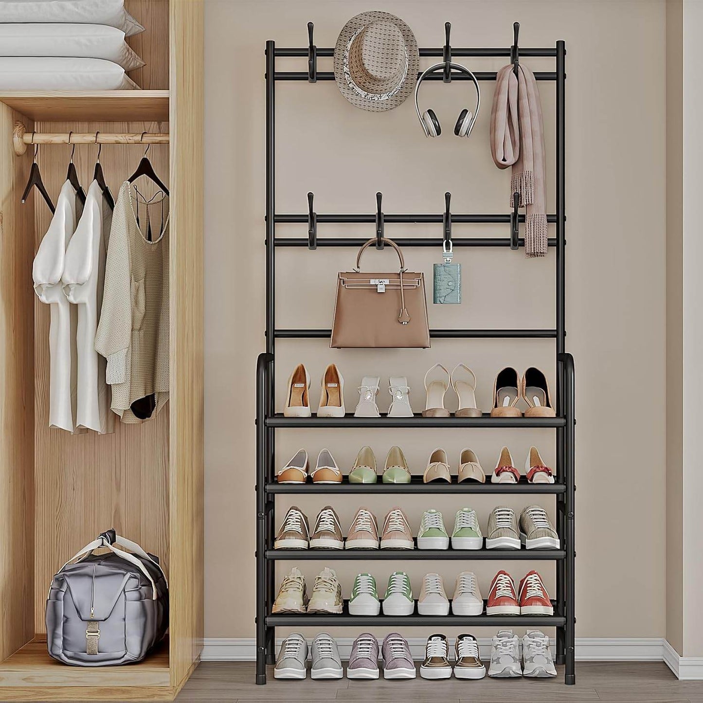 5-Tier Coat and Shoe Rack with Storage Shelf & 8 Hooks