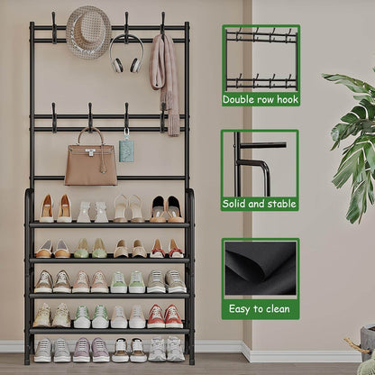 5-Tier Coat and Shoe Rack with Storage Shelf & 8 Hooks