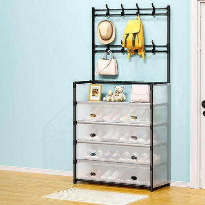 Metal Shoe Rack with Coat Hooks – Dustproof Entryway Shoe Cabinet & Organizer