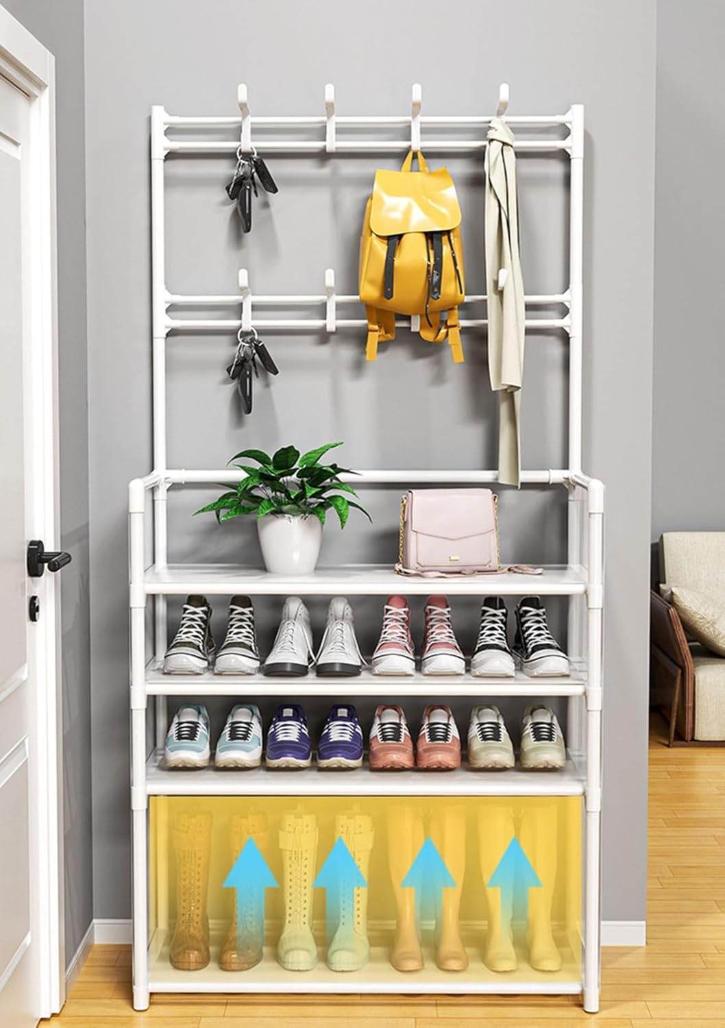 Metal Shoe Rack with Coat Hooks – Dustproof Entryway Shoe Cabinet & Organizer