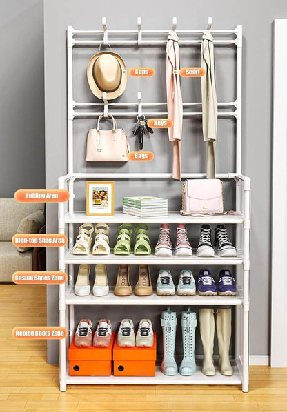 Metal Shoe Rack with Coat Hooks – Dustproof Entryway Shoe Cabinet & Organizer