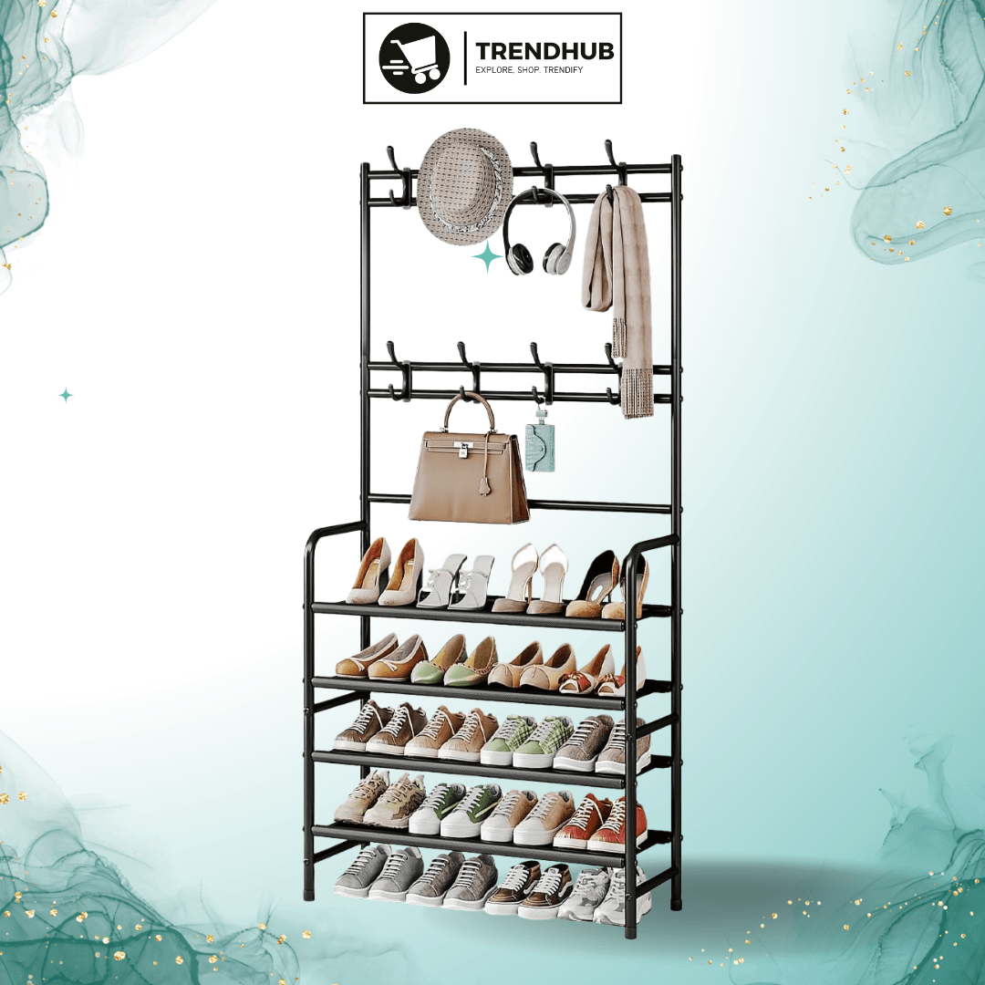 5-Tier Coat and Shoe Rack with Storage Shelf & 8 Hooks